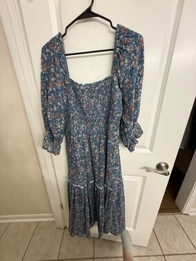 Smocked Blue Floral Midi Dress with Puff Sleeves